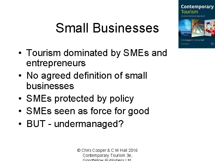Small Businesses • Tourism dominated by SMEs and entrepreneurs • No agreed definition of