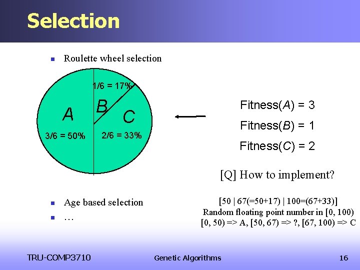 Selection n Roulette wheel selection 1/6 = 17% A 3/6 = 50% B Fitness(A) Selection n Roulette wheel selection 1/6 = 17% A 3/6 = 50% B Fitness(A)