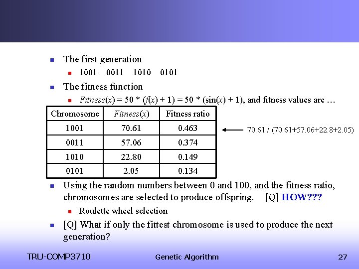 n The first generation n n 1001 0011 1010 0101 The fitness function n n The first generation n n 1001 0011 1010 0101 The fitness function n