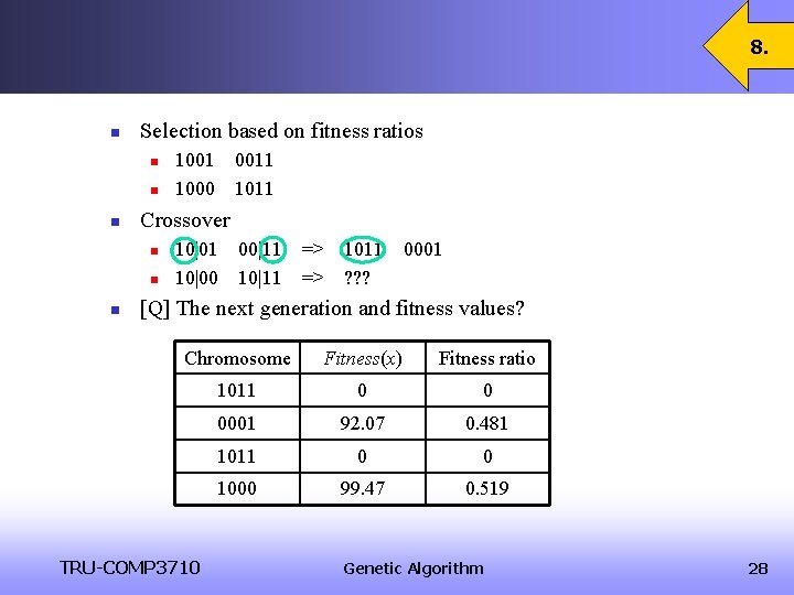 8. n Selection based on fitness ratios n n n 0011 1011 Crossover n 8. n Selection based on fitness ratios n n n 0011 1011 Crossover n