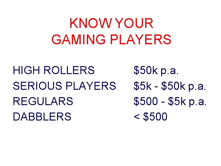 KNOW YOUR GAMING PLAYERS HIGH ROLLERS SERIOUS PLAYERS REGULARS DABBLERS $50 k p. a.