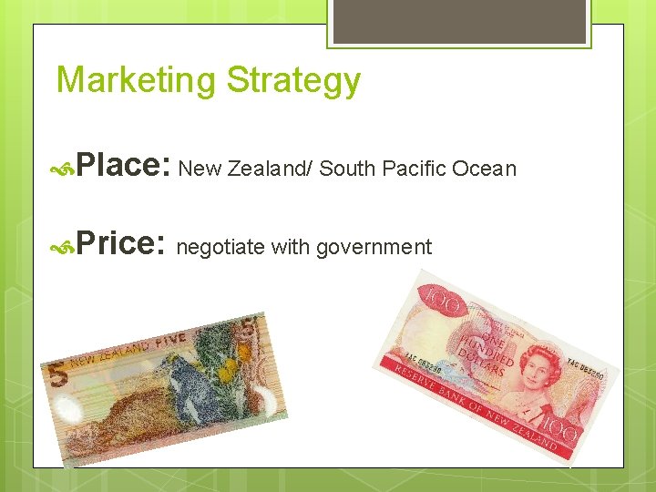 Marketing Strategy Place: New Zealand/ South Pacific Ocean Price: negotiate with government 
