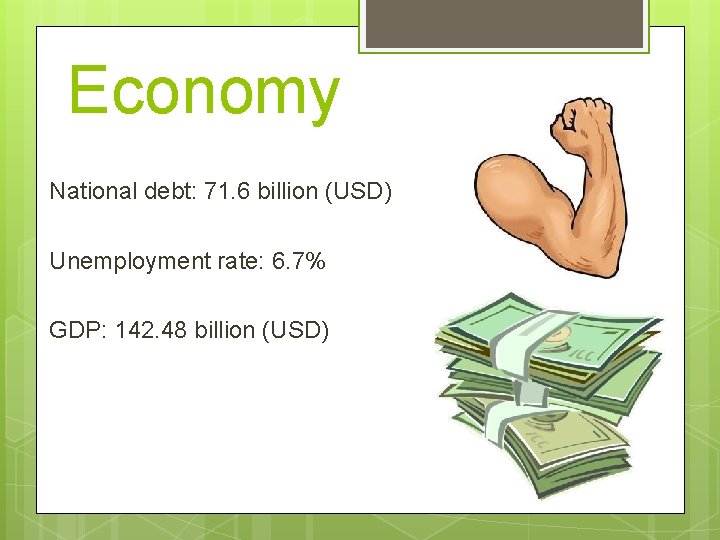Economy National debt: 71. 6 billion (USD) Unemployment rate: 6. 7% GDP: 142. 48