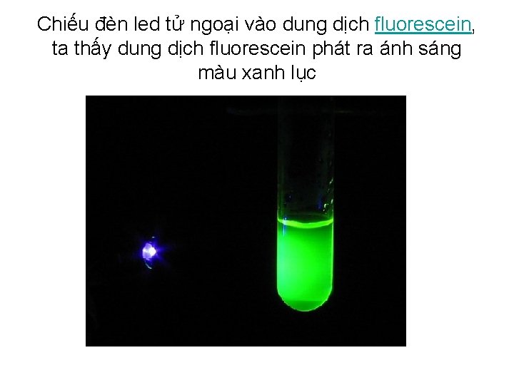 Chiếu đèn led tử ngoại vào dung dịch fluorescein, ta thấy dung dịch fluorescein