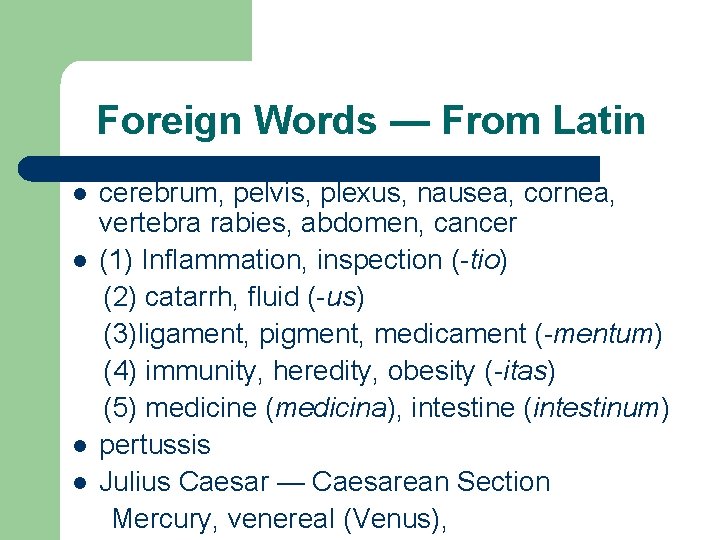 Foreign Words — From Latin l l cerebrum, pelvis, plexus, nausea, cornea, vertebra rabies,