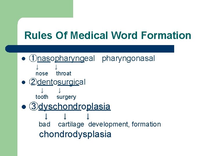Rules Of Medical Word Formation l ①nasopharyngeal pharyngonasal ↓ nose l ②dentosurgical ↓ tooth