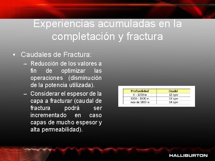 Experiencias acumuladas en la completación y fractura • Caudales de Fractura: – Reducción de