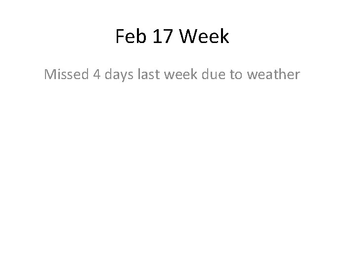 Feb 17 Week Missed 4 days last week due to weather 