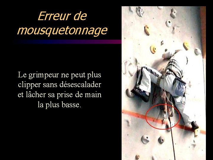 Erreur de mousquetonnage Le grimpeur ne peut plus clipper sans désescalader et lâcher sa