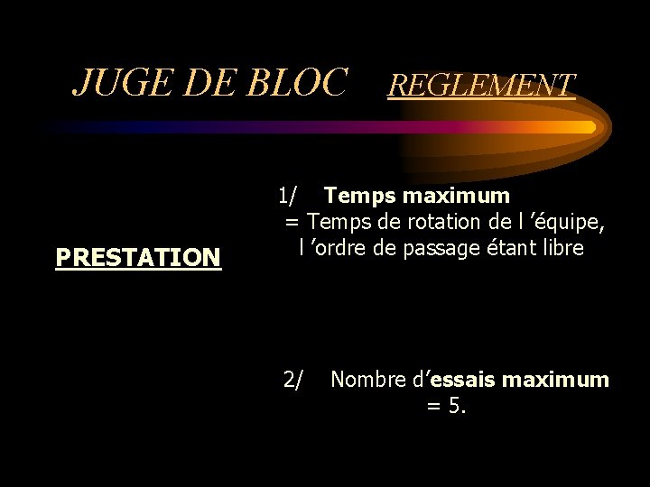 JUGE DE BLOC PRESTATION REGLEMENT 1/ Temps maximum = Temps de rotation de l