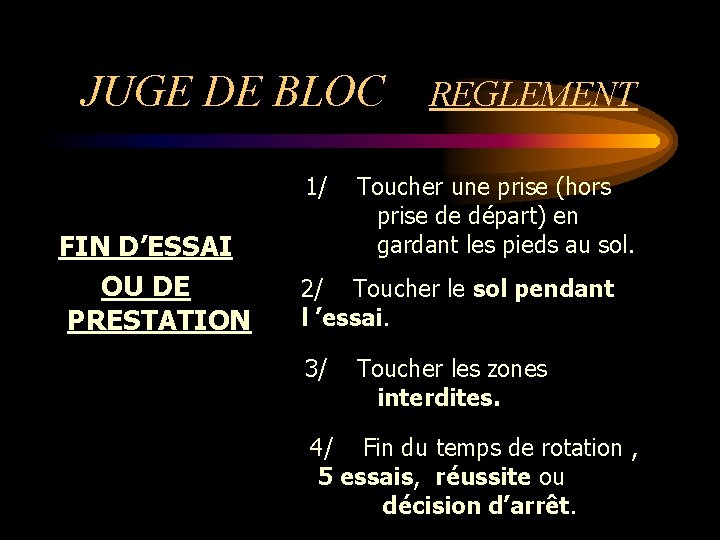 JUGE DE BLOC 1/ FIN D’ESSAI OU DE PRESTATION REGLEMENT Toucher une prise (hors