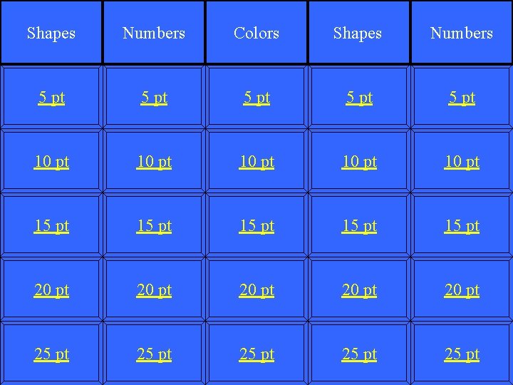 Shapes Numbers Colors Shapes Numbers 5 pt 5 pt 10 pt 10 pt 15