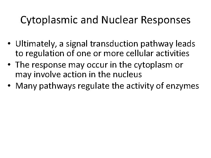 Cytoplasmic and Nuclear Responses • Ultimately, a signal transduction pathway leads to regulation of