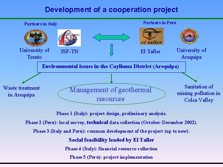 Development of a cooperation project Partners in Perù Partners in Italy University of Trento