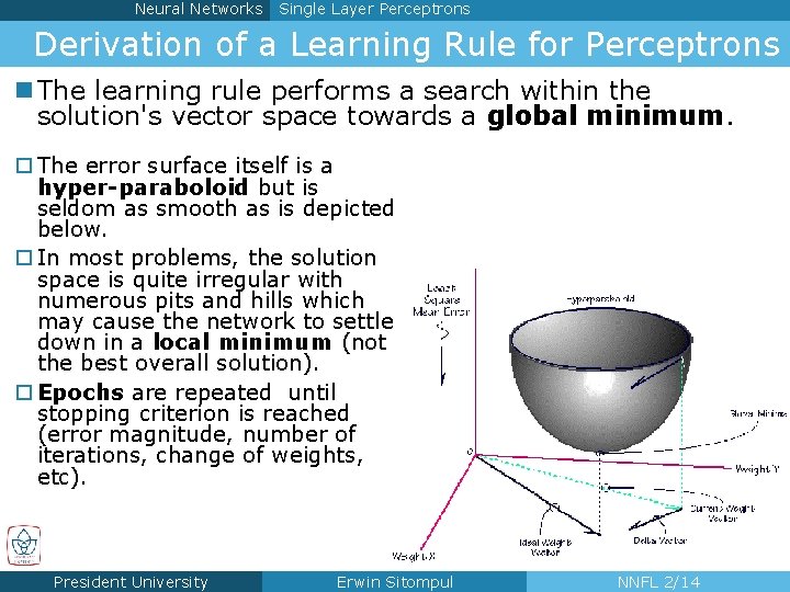 Neural Networks Single Layer Perceptrons Derivation of a Learning Rule for Perceptrons n The