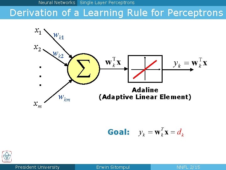 Neural Networks Single Layer Perceptrons Derivation of a Learning Rule for Perceptrons x 1