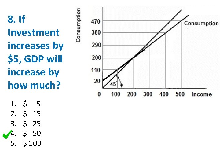 8. If Investment increases by $5, GDP will increase by how much? 1. 2. 8. If Investment increases by $5, GDP will increase by how much? 1. 2.