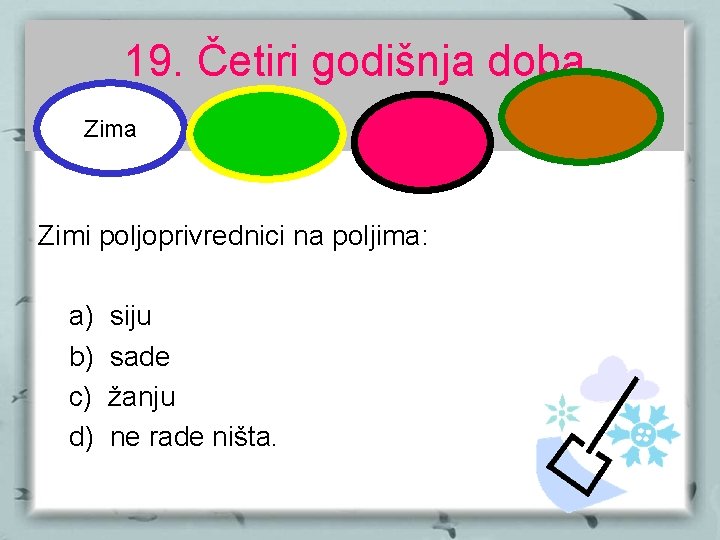 19. Četiri godišnja doba Zimi poljoprivrednici na poljima: a) b) c) d) siju sade