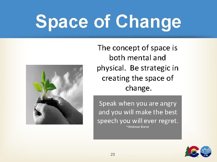 Space of Change The concept of space is both mental and physical. Be strategic