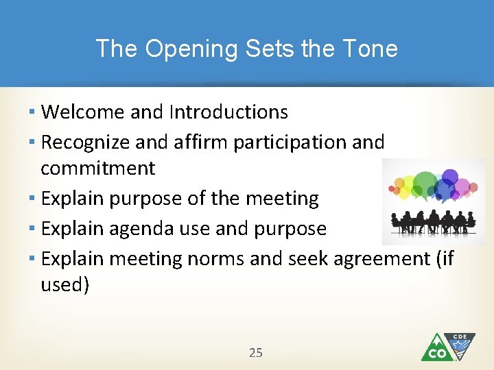 The Opening Sets the Tone ▪ Welcome and Introductions ▪ Recognize and affirm participation