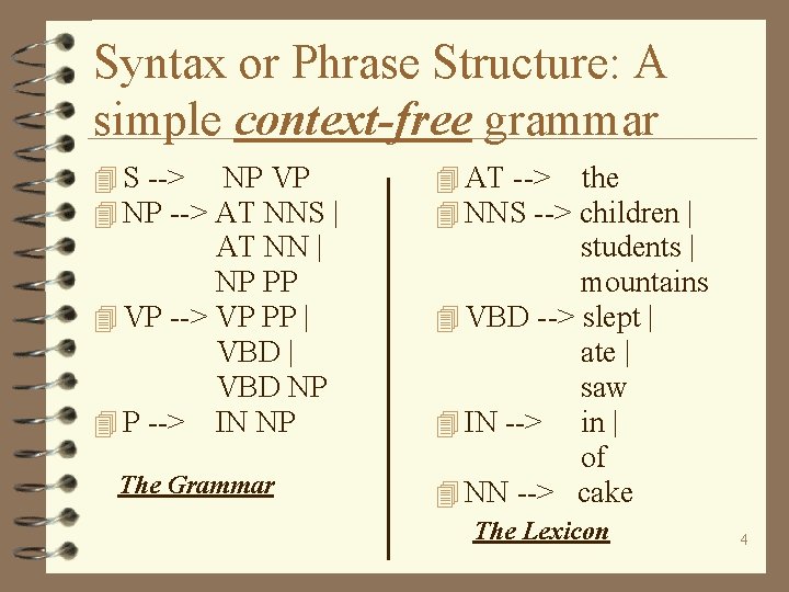 Syntax or Phrase Structure: A simple context-free grammar 4 S --> NP VP 4