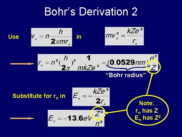 Bohr’s Derivation 2 Use in “Bohr radius” Substitute for rn in Note: rn has Bohr’s Derivation 2 Use in “Bohr radius” Substitute for rn in Note: rn has