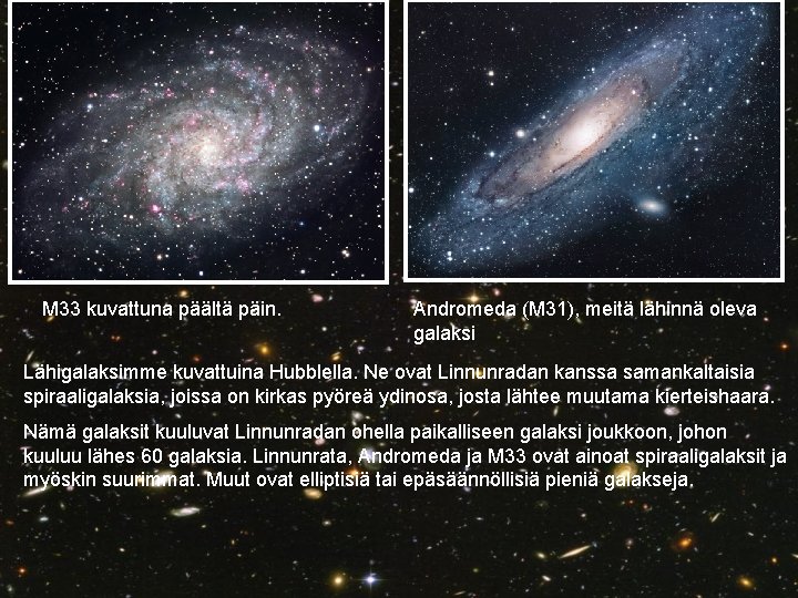 M 33 kuvattuna päältä päin. Andromeda (M 31), meitä lähinnä oleva galaksi Lähigalaksimme kuvattuina