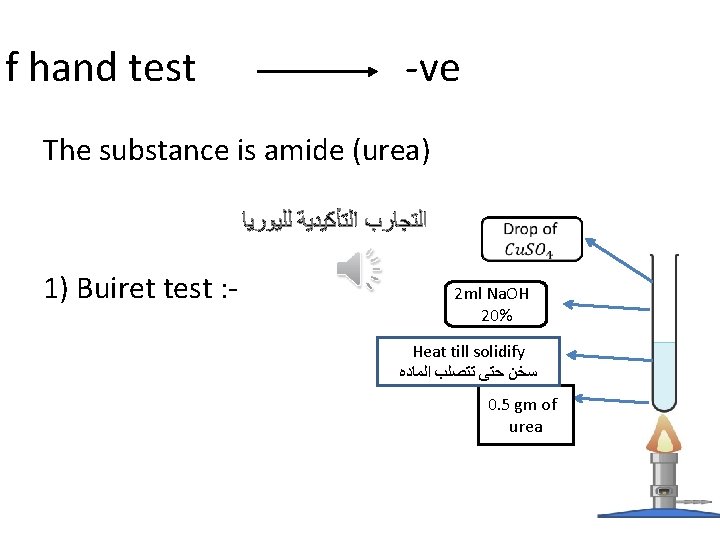 If hand test -ve The substance is amide (urea) ﺍﻟﺘﺠﺎﺭﺏ ﺍﻟﺘﺄﻜﻴﺪﻳﺔ ﻟﻠﻴﻮﺭﻳﺎ 1) Buiret