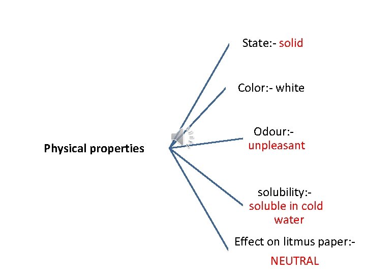 State: - solid Color: - white Physical properties Odour: unpleasant solubility: soluble in cold