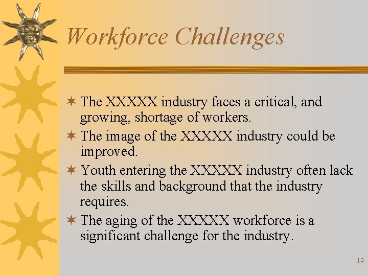 Workforce Challenges ¬ The XXXXX industry faces a critical, and growing, shortage of workers.