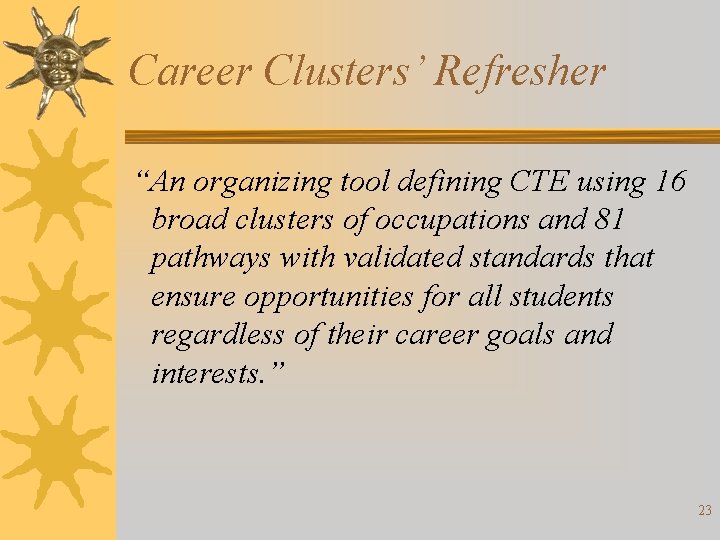 Career Clusters’ Refresher “An organizing tool defining CTE using 16 broad clusters of occupations