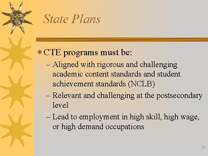 State Plans ¬CTE programs must be: – Aligned with rigorous and challenging academic content