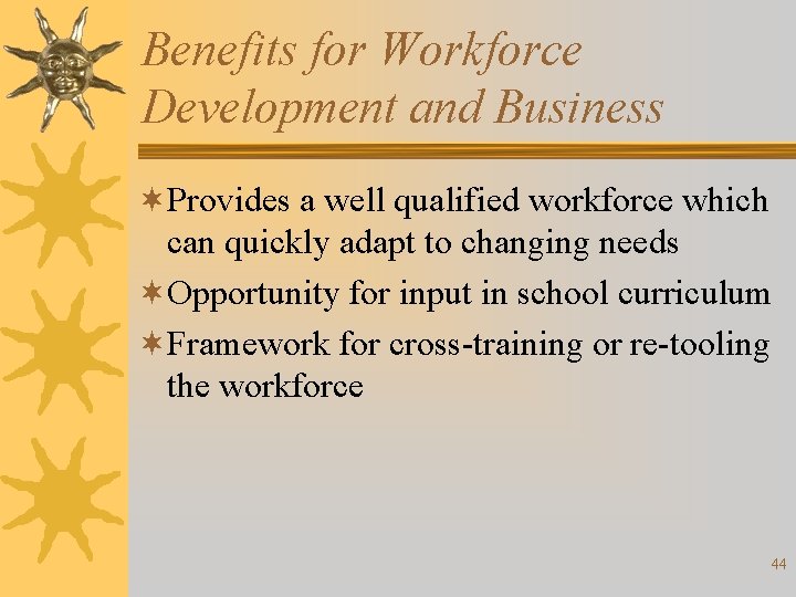 Benefits for Workforce Development and Business ¬Provides a well qualified workforce which can quickly