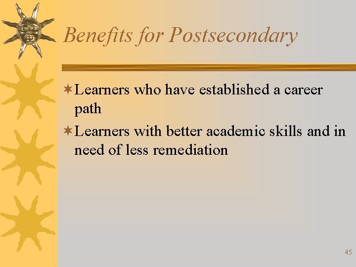 Benefits for Postsecondary ¬Learners who have established a career path ¬Learners with better academic