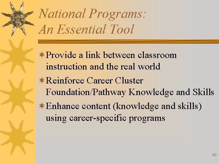 National Programs: An Essential Tool ¬Provide a link between classroom instruction and the real