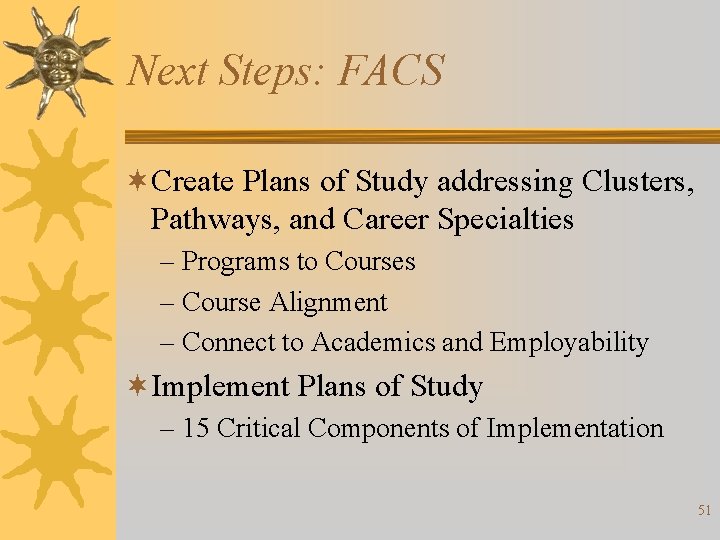 Next Steps: FACS ¬Create Plans of Study addressing Clusters, Pathways, and Career Specialties –