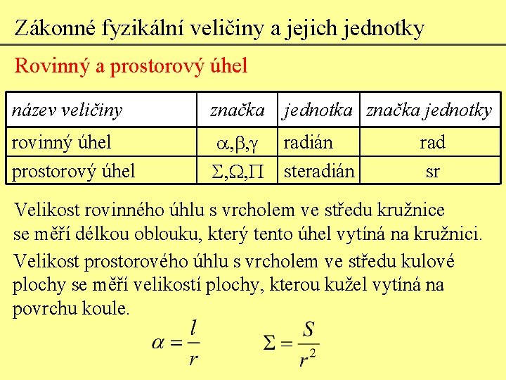 Zákonné fyzikální veličiny a jejich jednotky Rovinný a prostorový úhel název veličiny značka jednotka