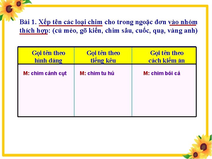 Bài 1. Xếp tên các loại chim cho trong ngoặc đơn vào nhóm thích