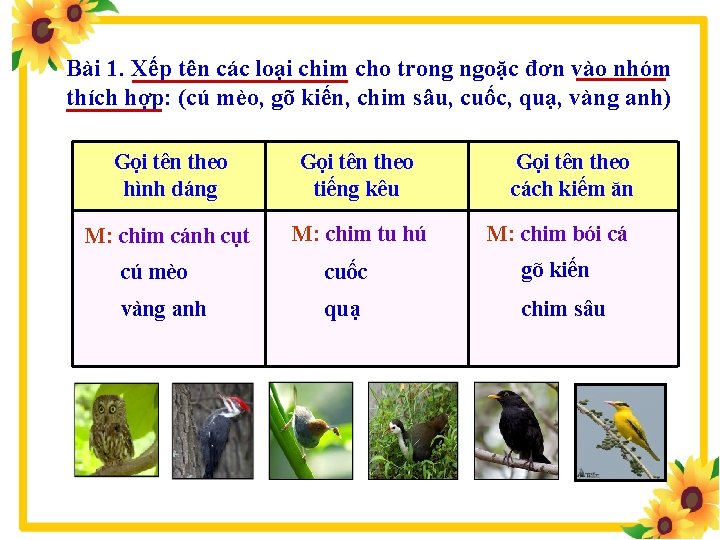Bài 1. Xếp tên các loại chim cho trong ngoặc đơn vào nhóm thích