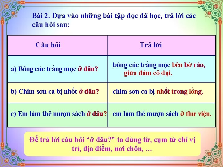 Bài 2. Dựa vào những bài tập đọc đã học, trả lời các câu