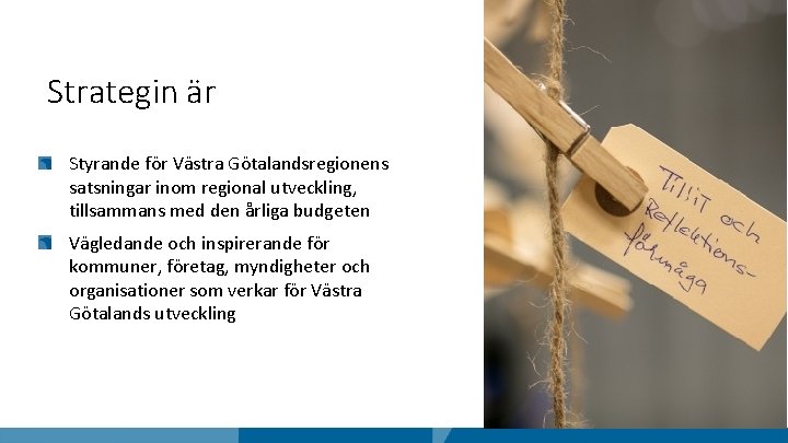 Strategin är Styrande för Västra Götalandsregionens satsningar inom regional utveckling, tillsammans med den årliga
