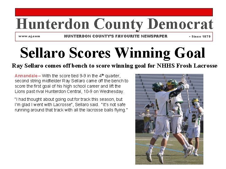 Hunterdon County Democrat www. nj. com HUNTERDON COUNTY’S FAVOURITE NEWSPAPER - Since 1879 Sellaro