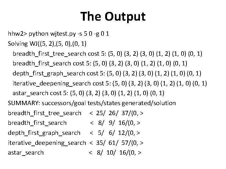 The Output hhw 2> python wjtest. py -s 5 0 -g 0 1 Solving