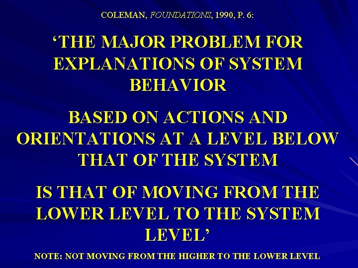 COLEMAN, FOUNDATIONS, 1990, P. 6: ‘THE MAJOR PROBLEM FOR EXPLANATIONS OF SYSTEM BEHAVIOR BASED