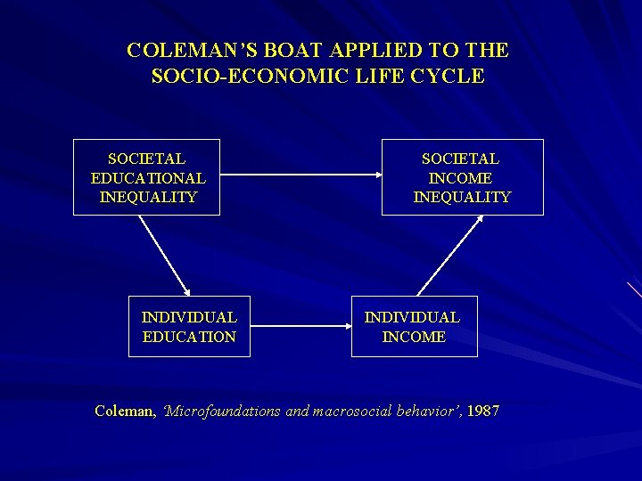 COLEMAN’S BOAT APPLIED TO THE SOCIO-ECONOMIC LIFE CYCLE SOCIETAL EDUCATIONAL INEQUALITY INDIVIDUAL EDUCATION SOCIETAL