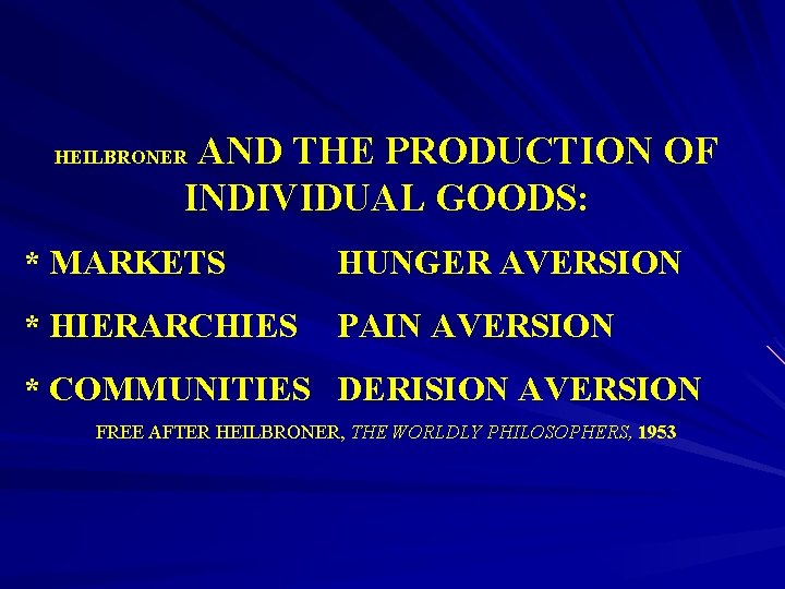 AND THE PRODUCTION OF INDIVIDUAL GOODS: HEILBRONER * MARKETS HUNGER AVERSION * HIERARCHIES PAIN