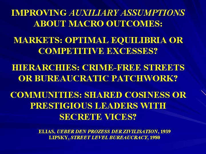 IMPROVING AUXILIARY ASSUMPTIONS ABOUT MACRO OUTCOMES: MARKETS: OPTIMAL EQUILIBRIA OR COMPETITIVE EXCESSES? HIERARCHIES: CRIME-FREE