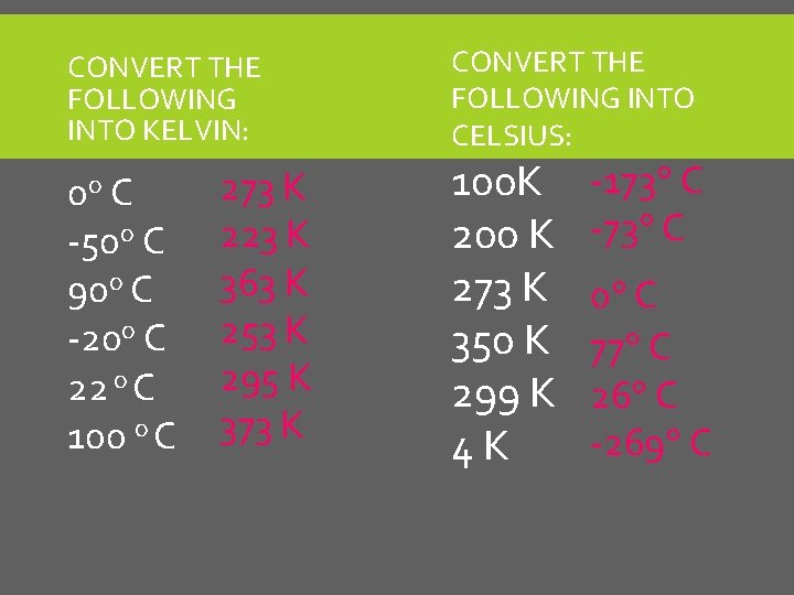 CONVERT THE FOLLOWING INTO KELVIN: 0 o C -50 o C 90 o C