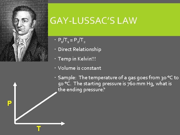 GAY-LUSSAC’S LAW P 1/T 1 = P 2/T 2 Direct Relationship Temp in Kelvin!!!