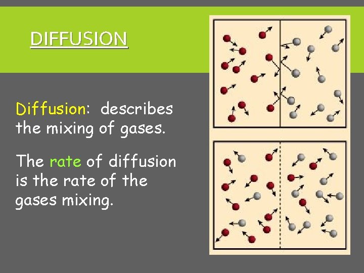 DIFFUSION Diffusion: describes the mixing of gases. The rate of diffusion is the rate